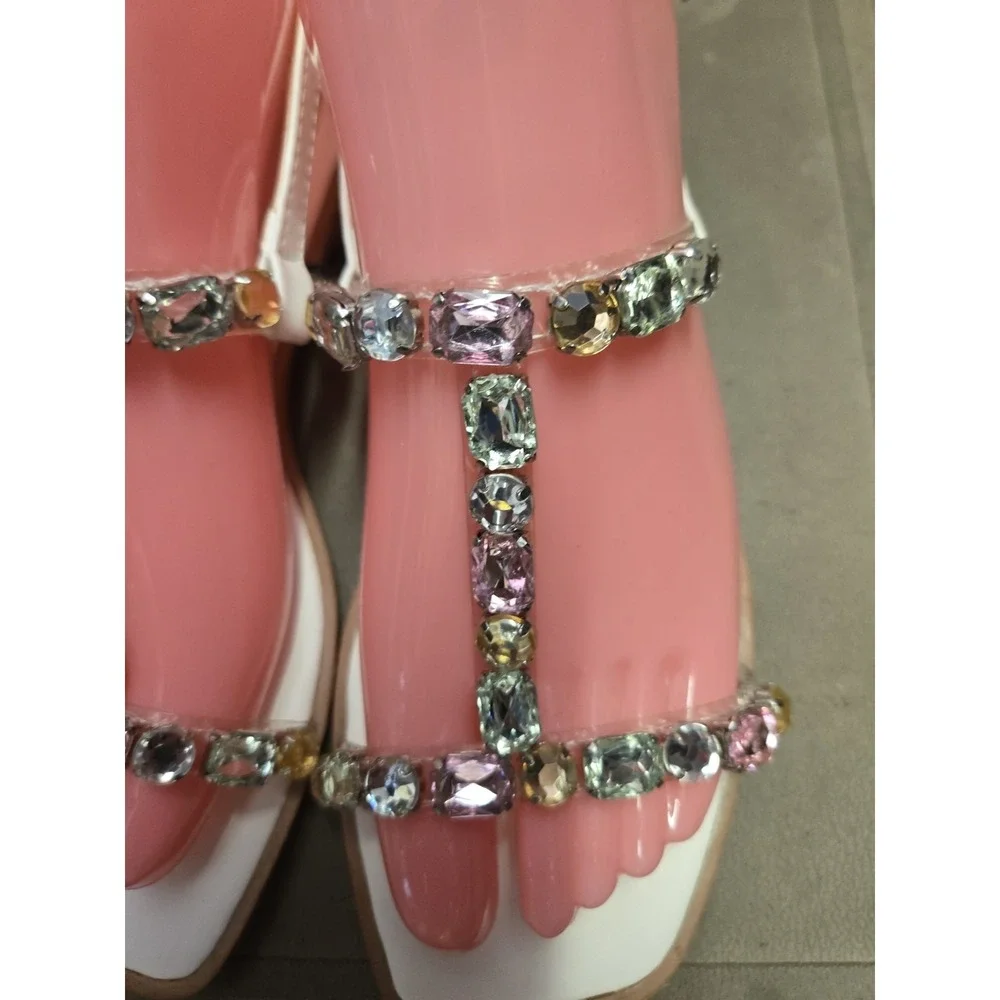 BCBGeneration Larabee Sandals Womens 6.5 M Rhinestone Slingback Flats White - Picture 2 of 9